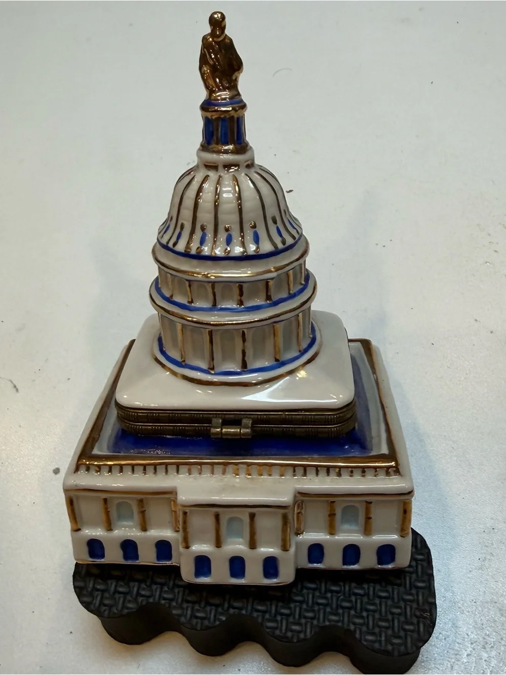 Decorative Ceramic Capitol Building Jewelry Box - White & Blue with Gold Accents